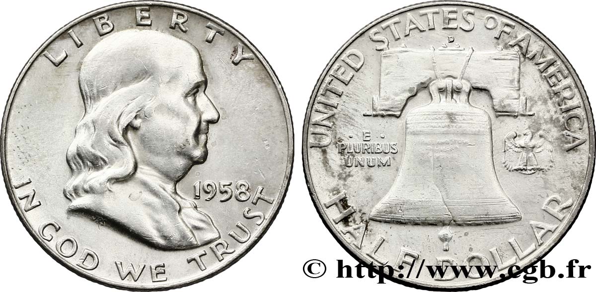 UNITED STATES OF AMERICA 1/2 Dollar Benjamin Franklin 1958 Denver XF 