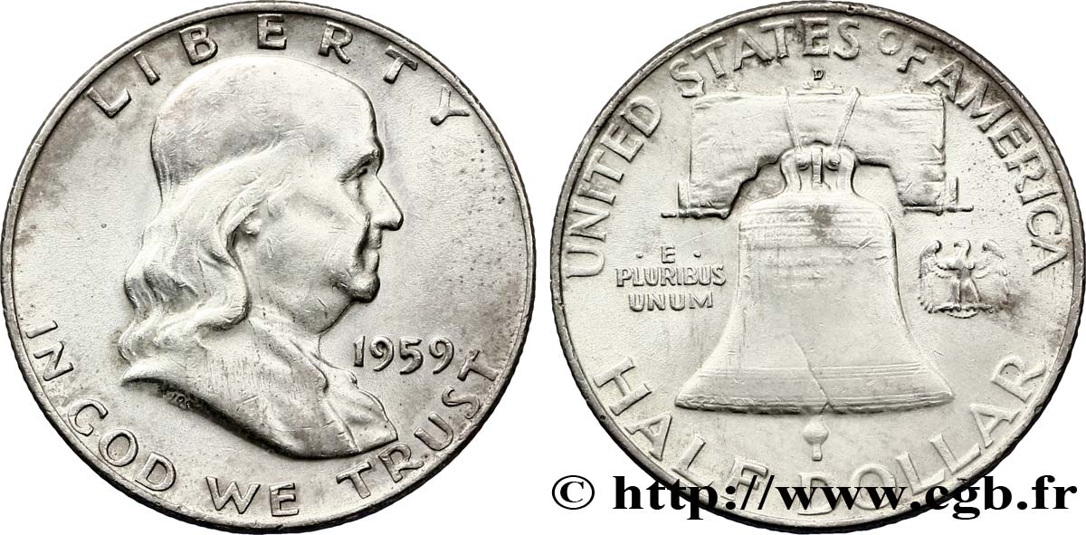 UNITED STATES OF AMERICA 1/2 Dollar Benjamin Franklin 1959 Denver XF 