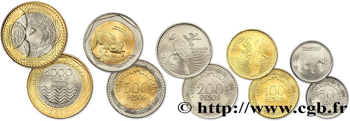 KOLUMBIEN Lot de 5 monnaies 50, 100, 200, 500 et 1000 Pesos 2012  ST 