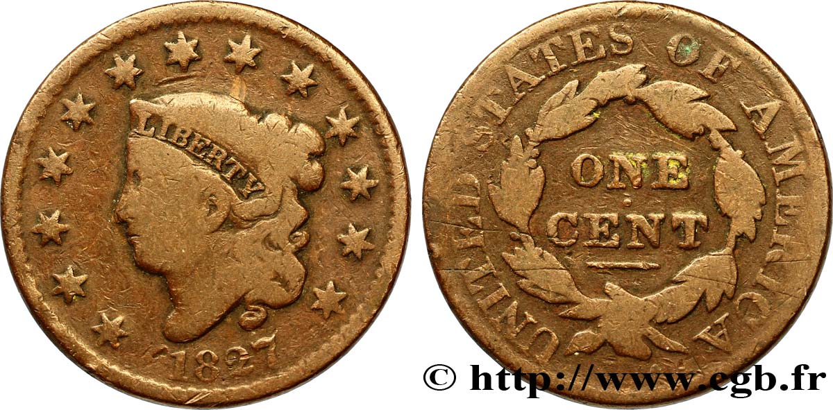 STATI UNITI D AMERICA 1 Cent “Matron Head” 1827 Philadelphie q.MB 