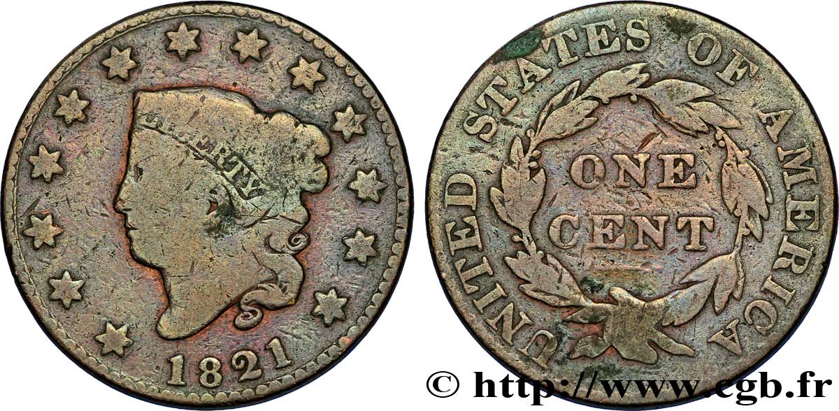 STATI UNITI D AMERICA 1 Cent “Matron Head” variété à petite date 1821 Philadelphie q.MB 