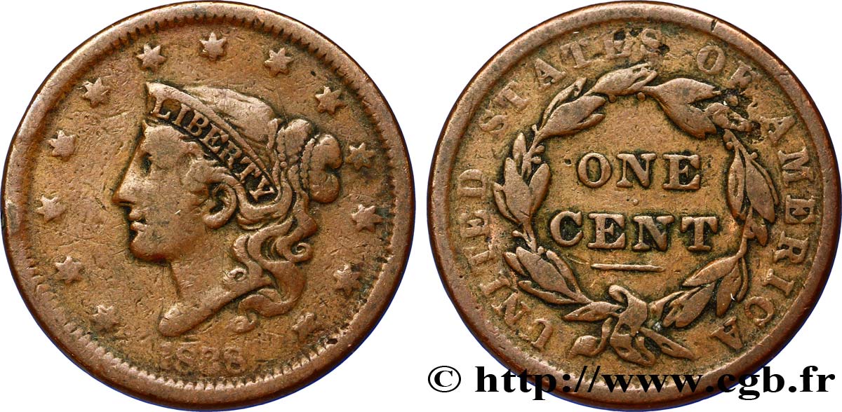 STATI UNITI D AMERICA 1 Cent Liberté “Matron Head” modifié 1838 Philadelphie q.MB 
