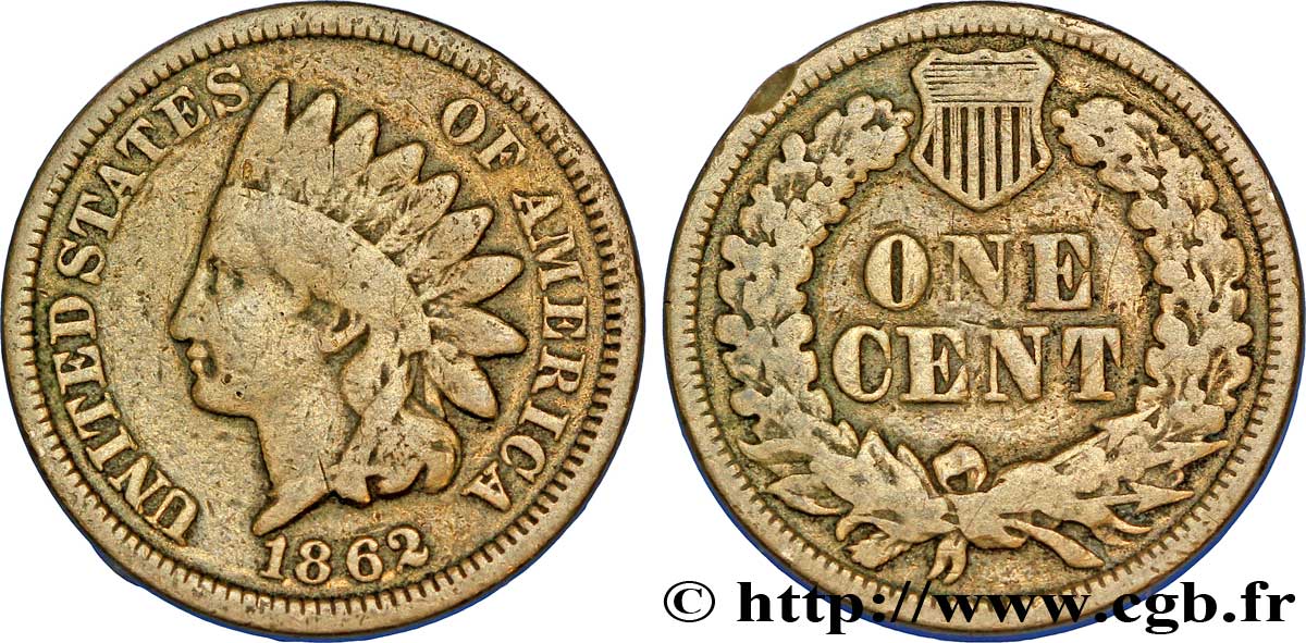 UNITED STATES OF AMERICA 1 Cent tête d’indien 2e type 1862  VF 