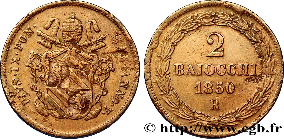 VATICAN AND PAPAL STATES 2 Baiocchi frappe au nom de Pie IX an V 1850 Rome AU 