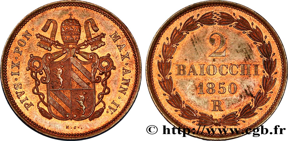 VATICAN AND PAPAL STATES 2 Baiocchi frappe au nom de Pie IX an IV 1850 Rome AU 
