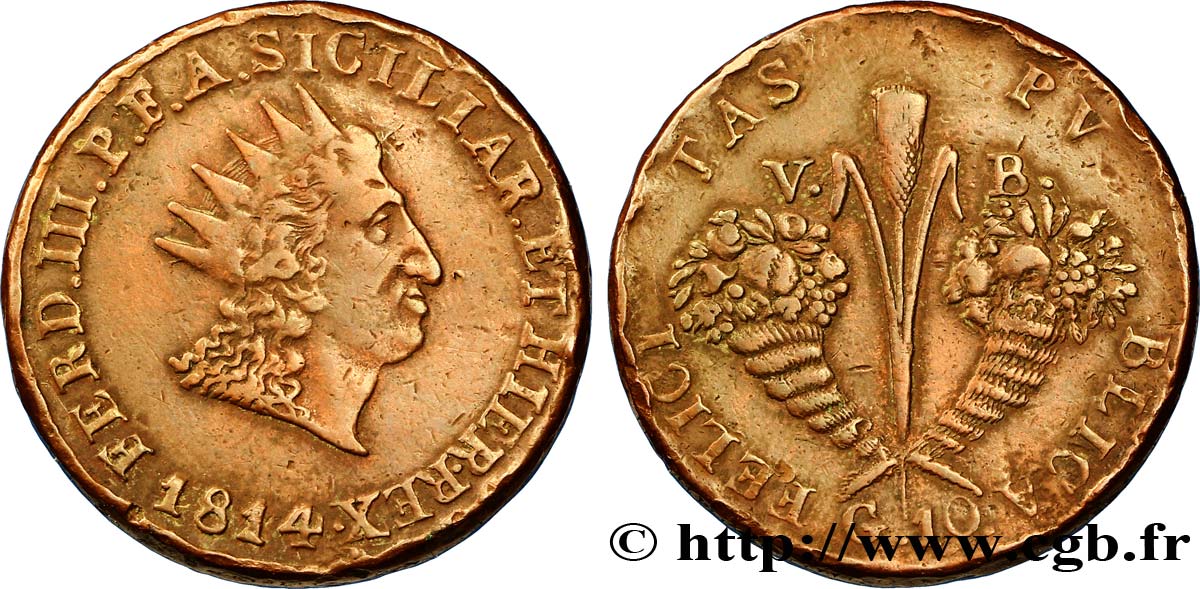 ITALY - KINGDOM OF SICILIA 10 Grana Ferdinand III 1814  VF 