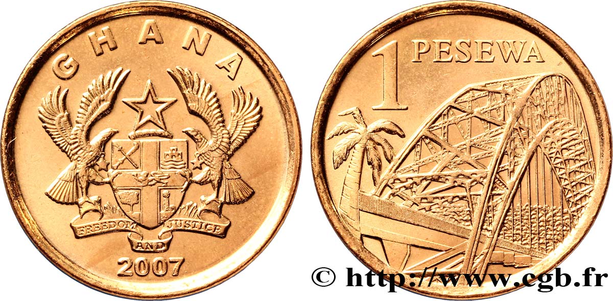 2 cedis 2007-2019 UNC Ghana set of 7 coins 1 pesewa