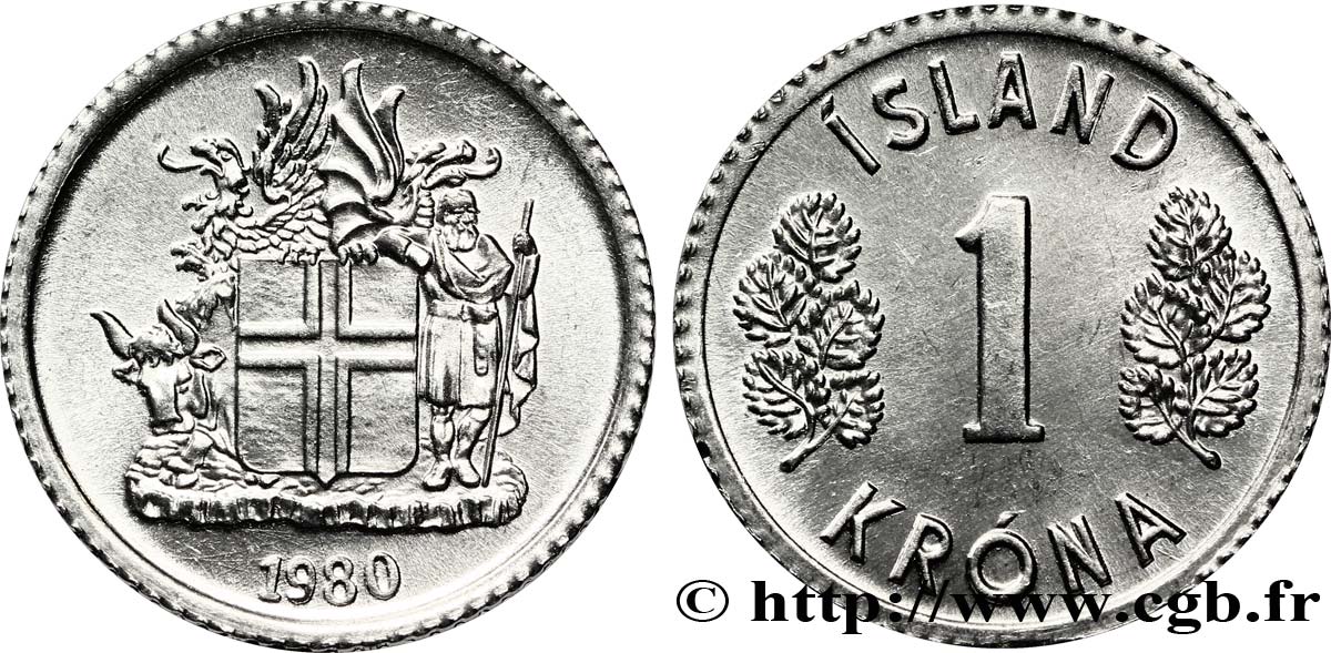ICELAND 1 Krona blason 1980  MS 