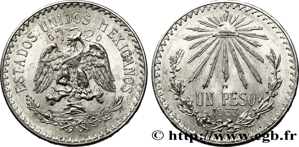 MÉXICO 1 Peso aigle / bonnet phrygien et rayons 1933 Mexico EBC 