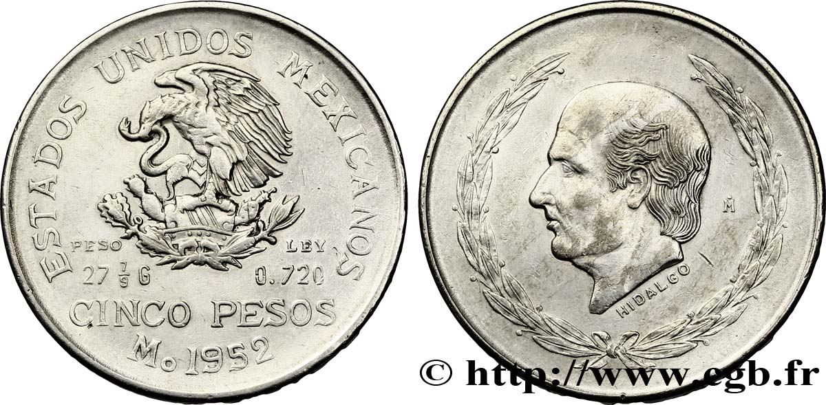 MÉXICO 5 Pesos Miguel Hidaldo y Costilla / aigle 1952 Mexico MBC 