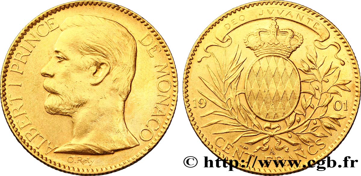 MONACO 100 Francs or Albert Ier / écu couronné 1901 Paris AU 