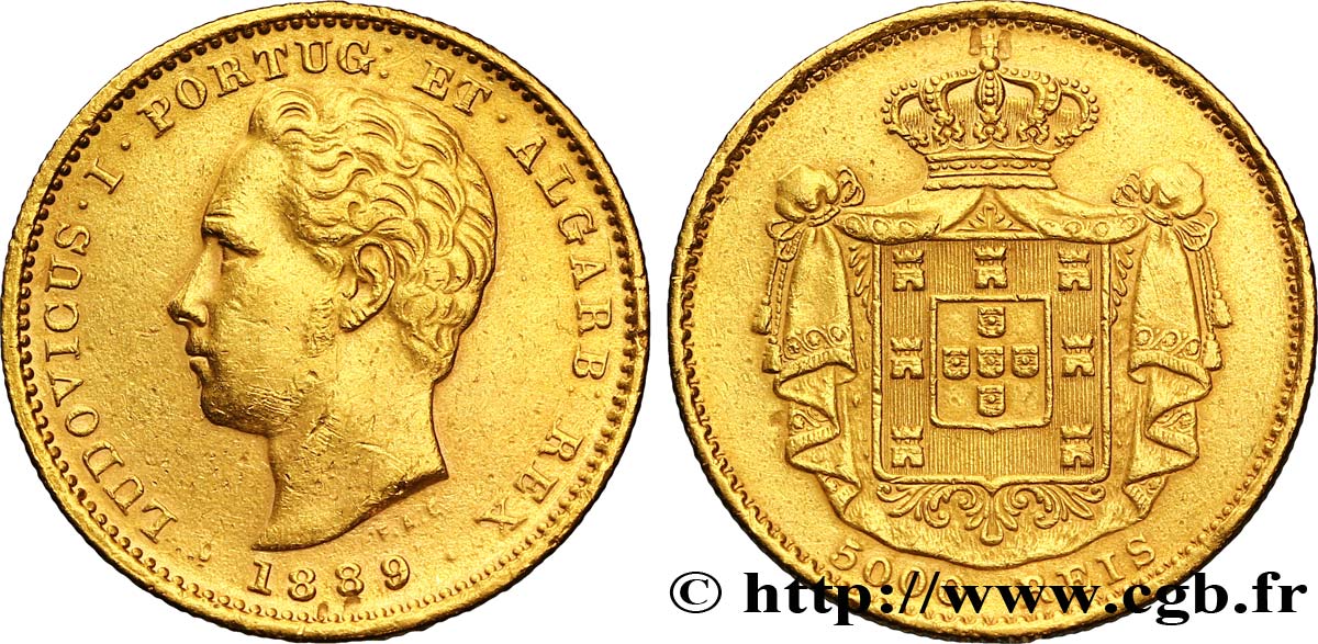 PORTOGALLO 5000 Reis or (1/2 Coroa) Louis Ier 1889 Lisbonne BB 