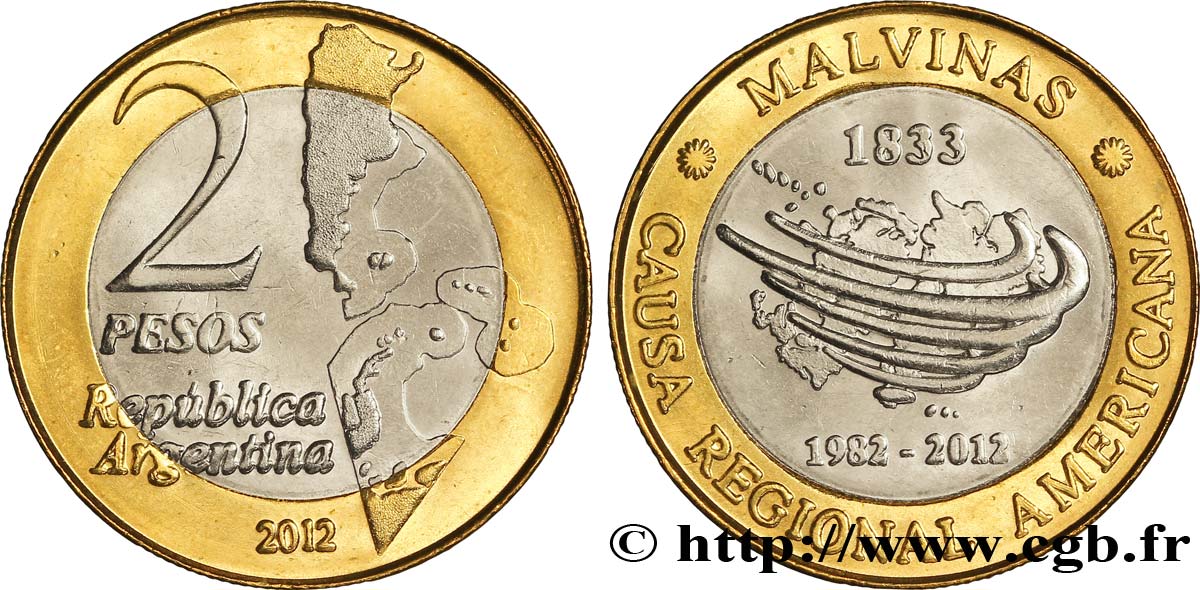 ARGENTINE 2 Pesos 30e anniversaire de la guerre des Malouines 2012  SPL 