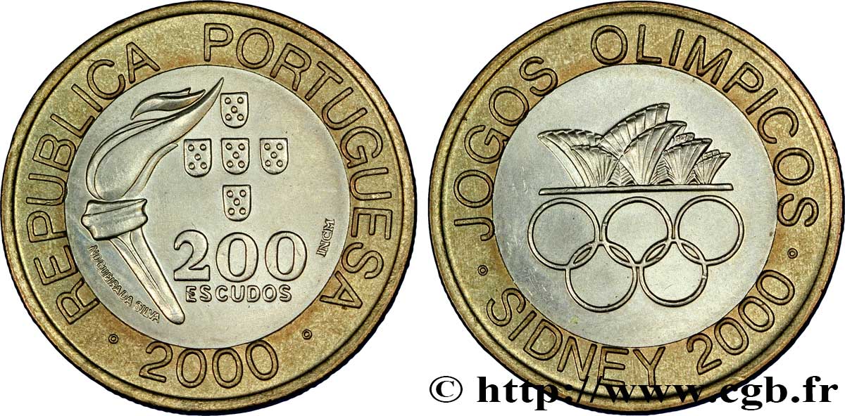 PORTUGAL 200 Escudos Jeux Olympiques de Sydney : torche / anneaux olympiques et opéra de Sydney 2000  VZ 