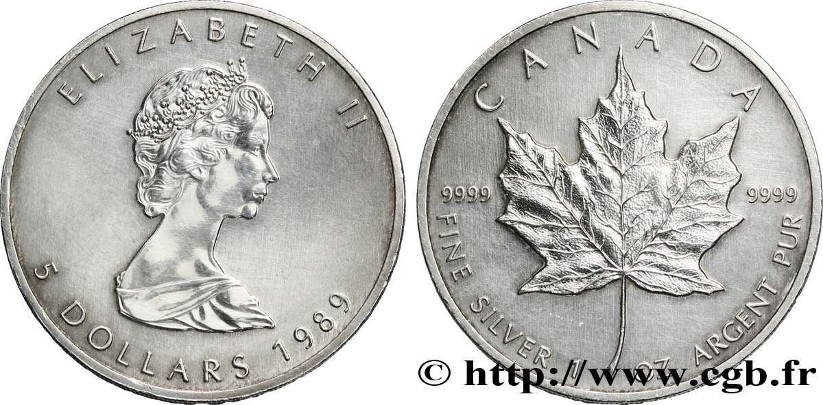 CANADA 5 Dollars (1 once) feuille d’érable / Elisabeth II 1989  AU 