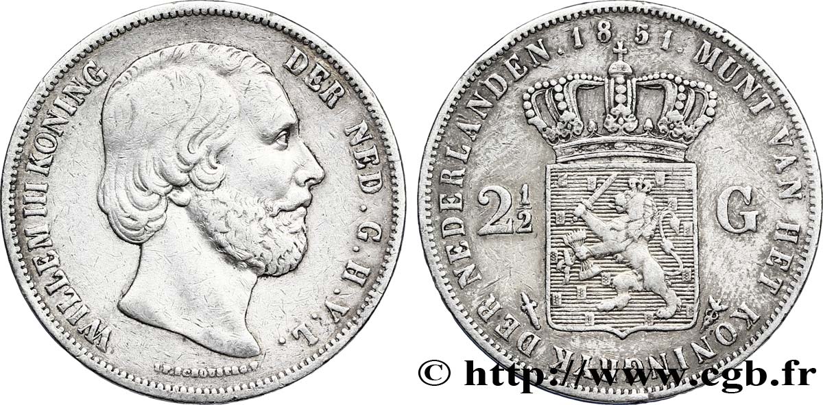 NETHERLANDS 2 1/2 Gulden Guillaume III 1851 Utrecht XF 