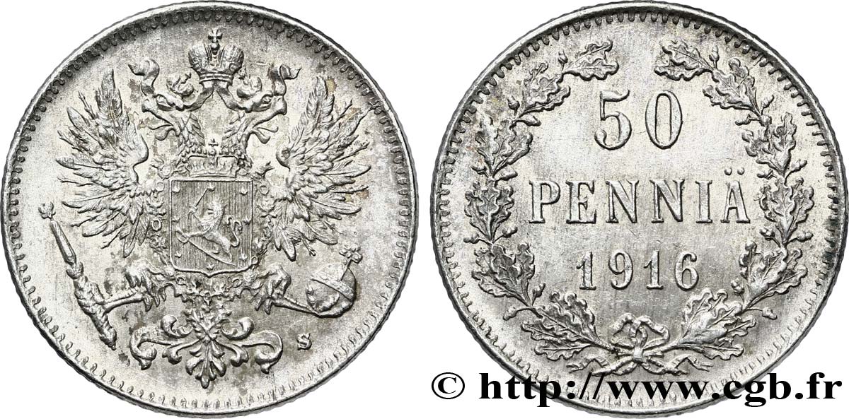 FINLANDIA 50 Pennia aigle bicéphale 1916 Helsinki MS 