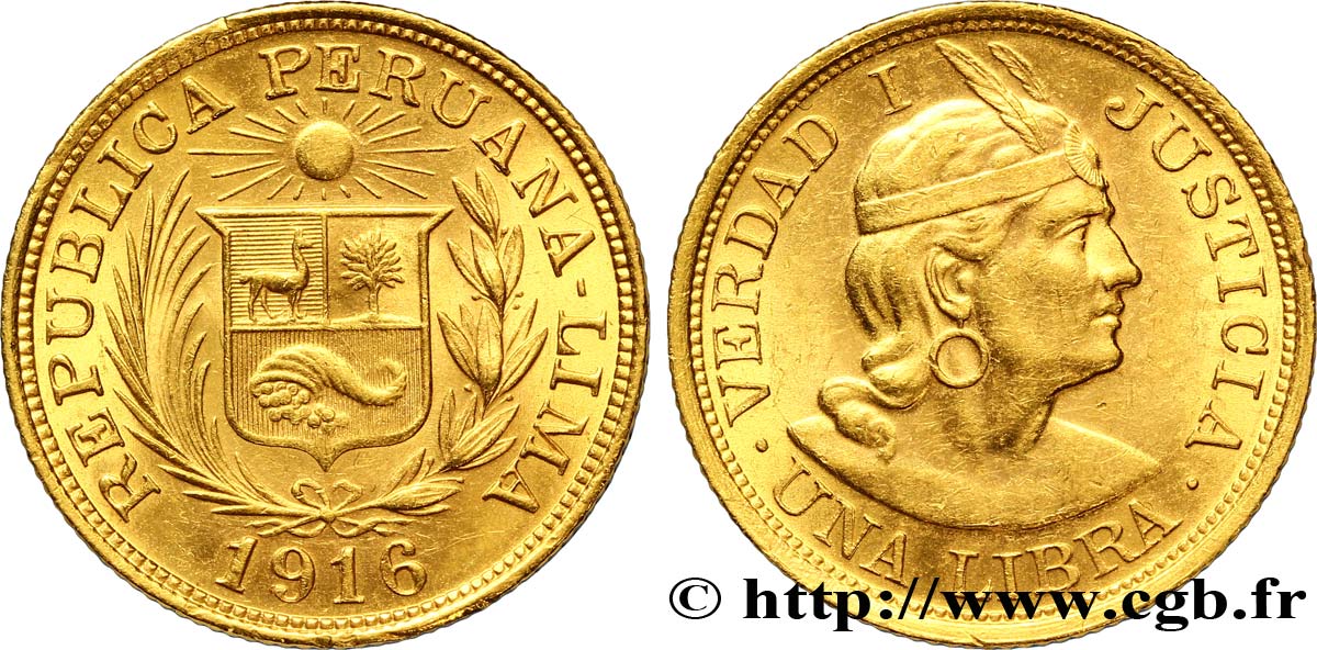 PERU 1 Libra or 1916 Lima SPL 
