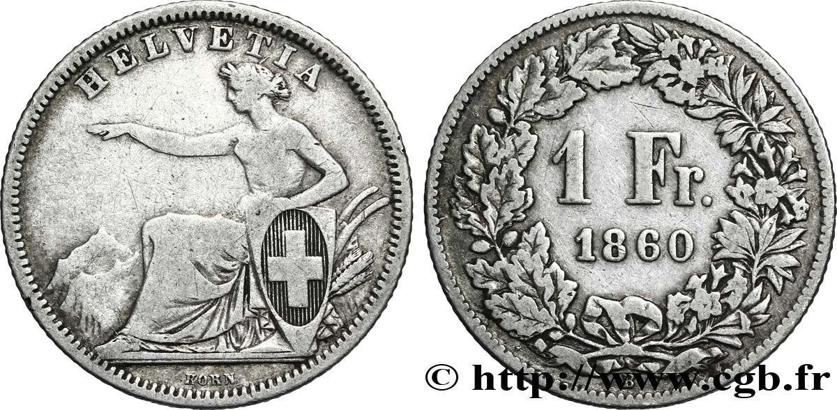 SVIZZERA  1 Franc Helvetia 1860 Berne - B MB 