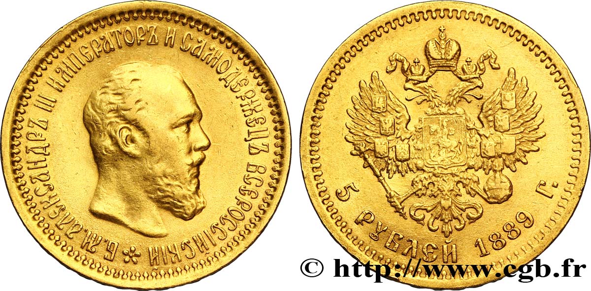 RUSSLAND 5 Roubles Tsar Alexandre III / aigle impérial 1889 Saint-Petersbourg SS 
