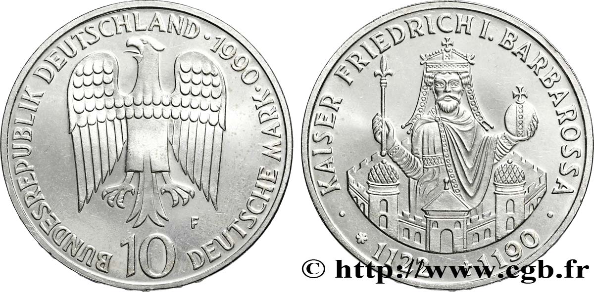 GERMANIA 10 Mark aigle héraldique / 800e anniversaire de la mort de Frédéric Barberousse 1990 Stuttgart MS 