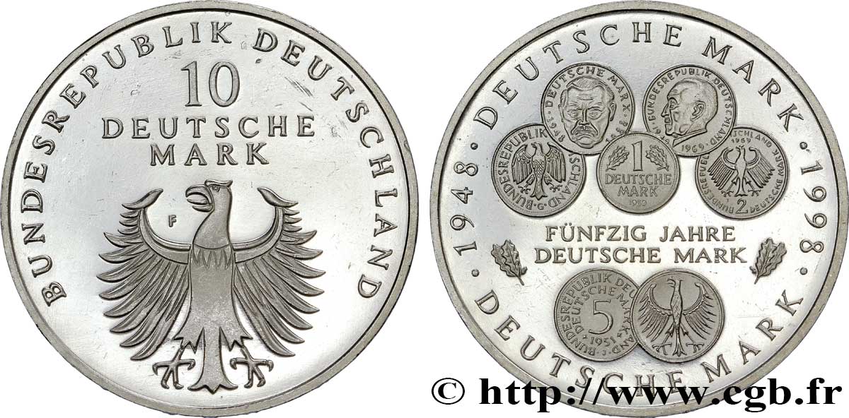 DEUTSCHLAND 10 Mark Proof 50e anniversaire de la création du Deutsche Mark 1998 Stuttgart - F VZ 
