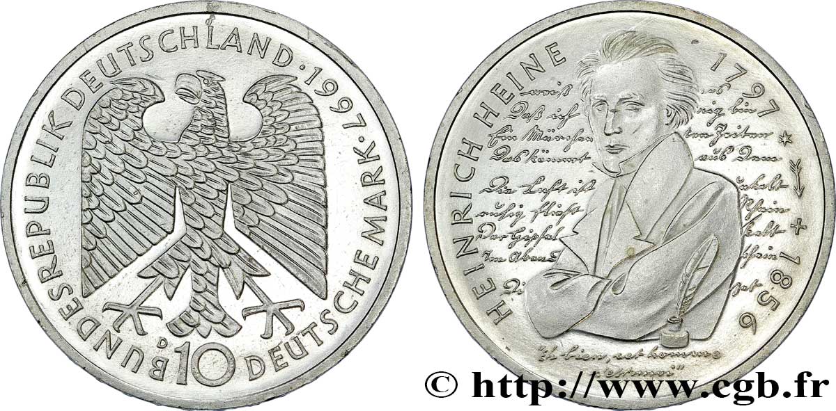 GERMANY 10 Mark 200e anniversaire de la naissance de Heinrich Heine 1997 Munich - D AU 