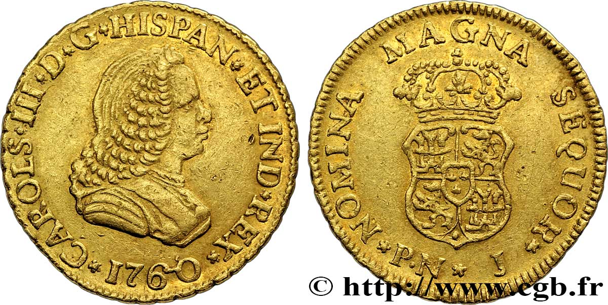 KOLUMBIEN 1 Escudo Or Charles III / écu couronné 1760 Popayan fVZ 