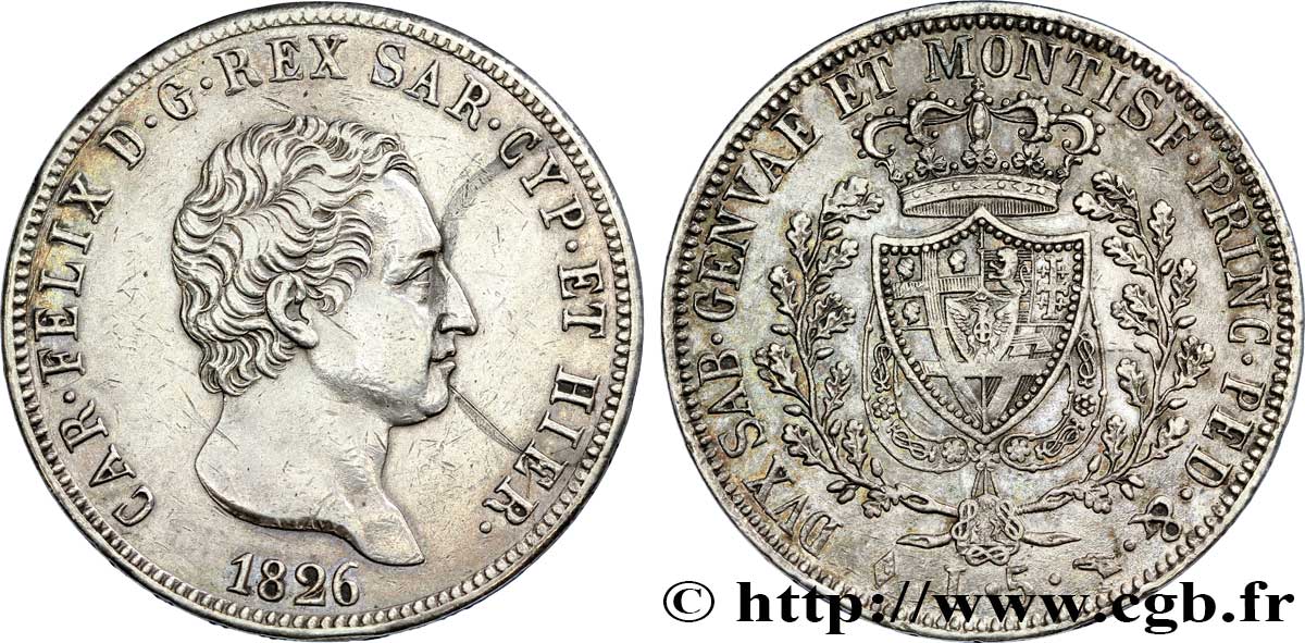 ITALIEN - KÖNIGREICH SARDINIEN 5 Lire Charles Félix, roi de Sardaigne 1826 Turin fVZ 