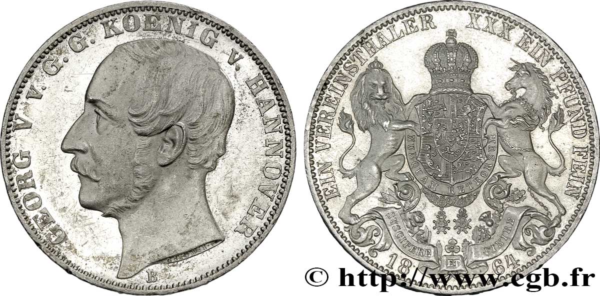 ALEMANIA - HANóVER 1 Vereinsthaler Georges V roi de Hanovre / armes couronnées encadré par un lion et une licorne 1864  EBC 