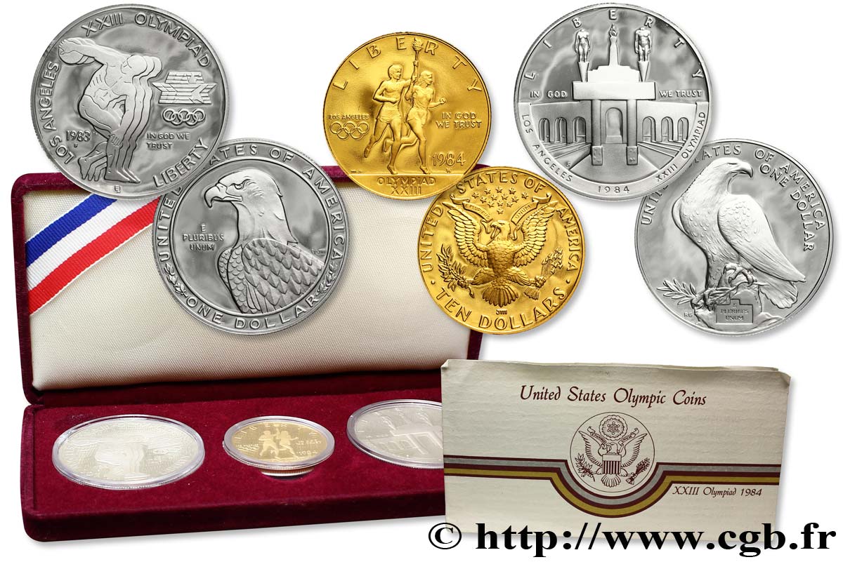 UNITED STATES OF AMERICA Coffret Proof trois monnaies XXIII Olympiade -  Los Angeles 1984 San Francisco et West Point MS 