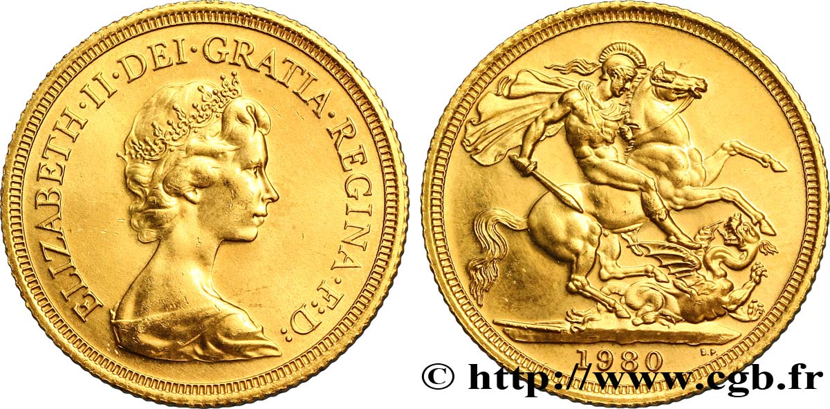 REINO UNIDO 1 Souverain Proof Élisabeth II  / St Georges terrassant le dragon 1980 Royal Mint, Llantrisant SC 