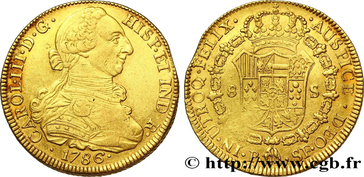KOLUMBIEN 8 Escudos or Charles III d’Espagne 1786 Popayan SS 