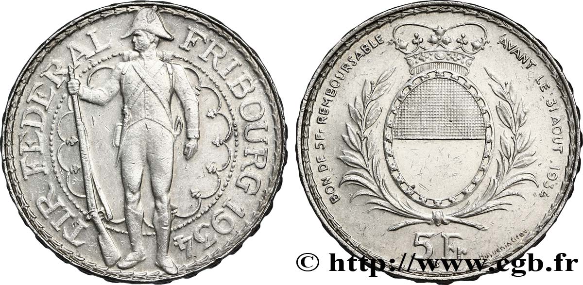 SUIZA 5 Francs, monnaie de Tir, Fribourg 1934 Le Locle EBC 