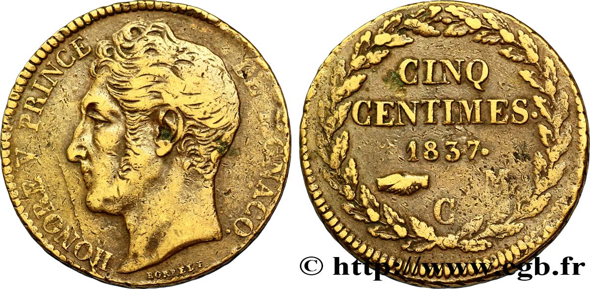 MONACO 5 Centimes Honoré V grosse tête en cuivre jaune 1837 Monaco VF 