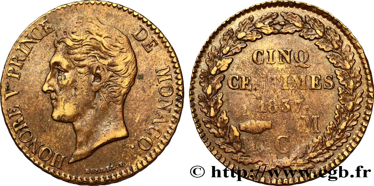 MONACO 5 Centimes Honoré V petite tête en cuivre jaune 1837 Monaco VF 