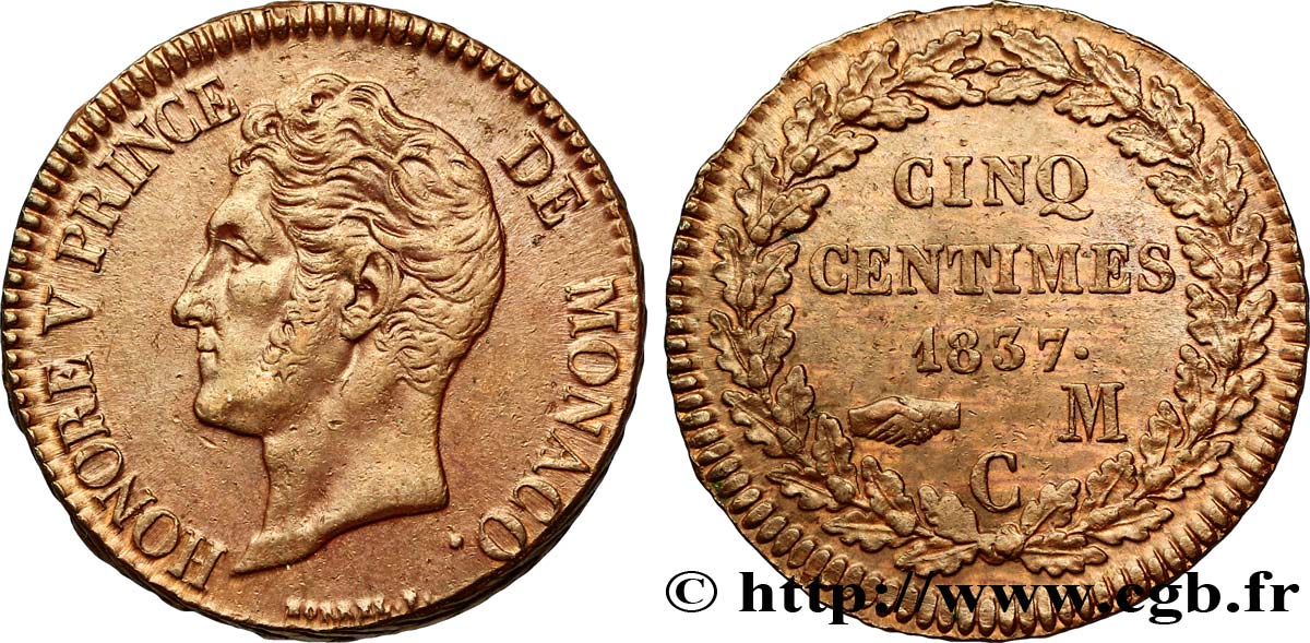 MONACO 5 Centimes Honoré V petite tête en cuivre rouge 1837 Monaco VZ 