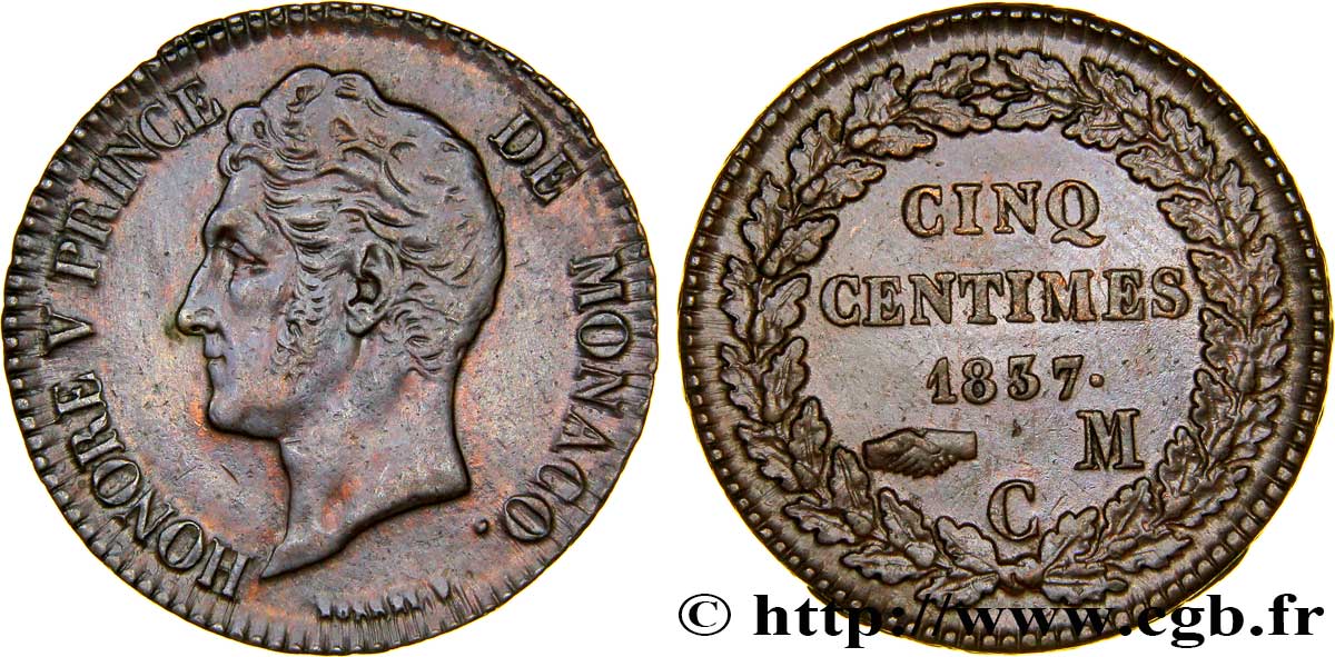 MONACO 5 Centimes Honoré V petite tête en cuivre rouge 1837 Monaco SPL 