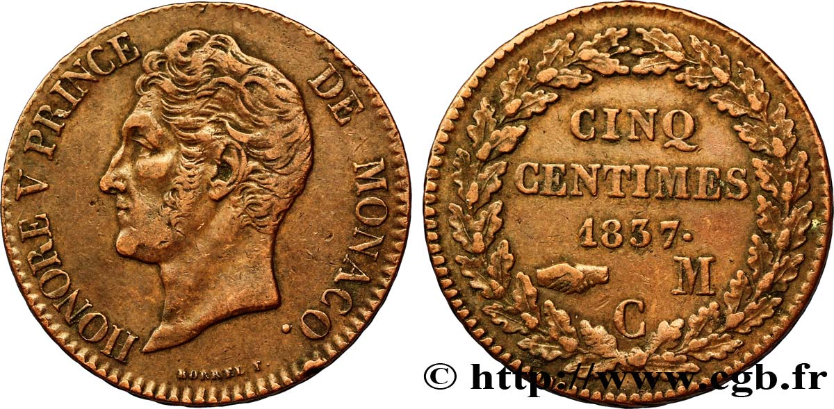 MONACO 5 Centimes Honoré V petite tête en cuivre rouge 1837 Monaco MBC 