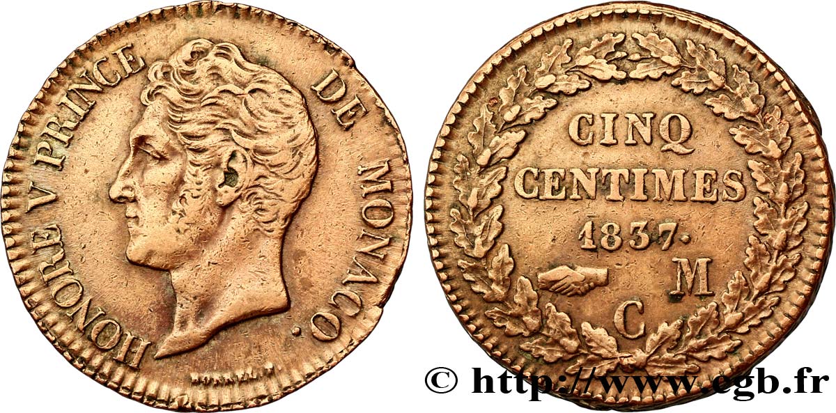 MONACO 5 Centimes Honoré V petite tête en cuivre rouge 1837 Monaco fVZ 
