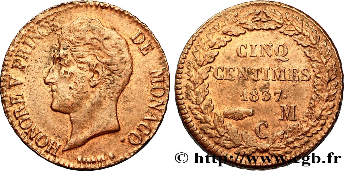 MONACO 5 Centimes Honoré V petite tête en cuivre rouge 1837 Monaco XF 