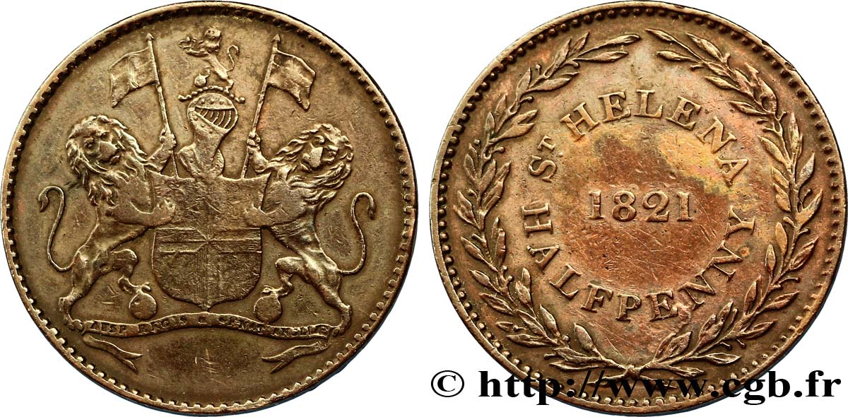 ST. HELENA 1/2 Penny (Half Penny) Armes de la Compagnie britannique des Indes Orientales 1821  fSS 