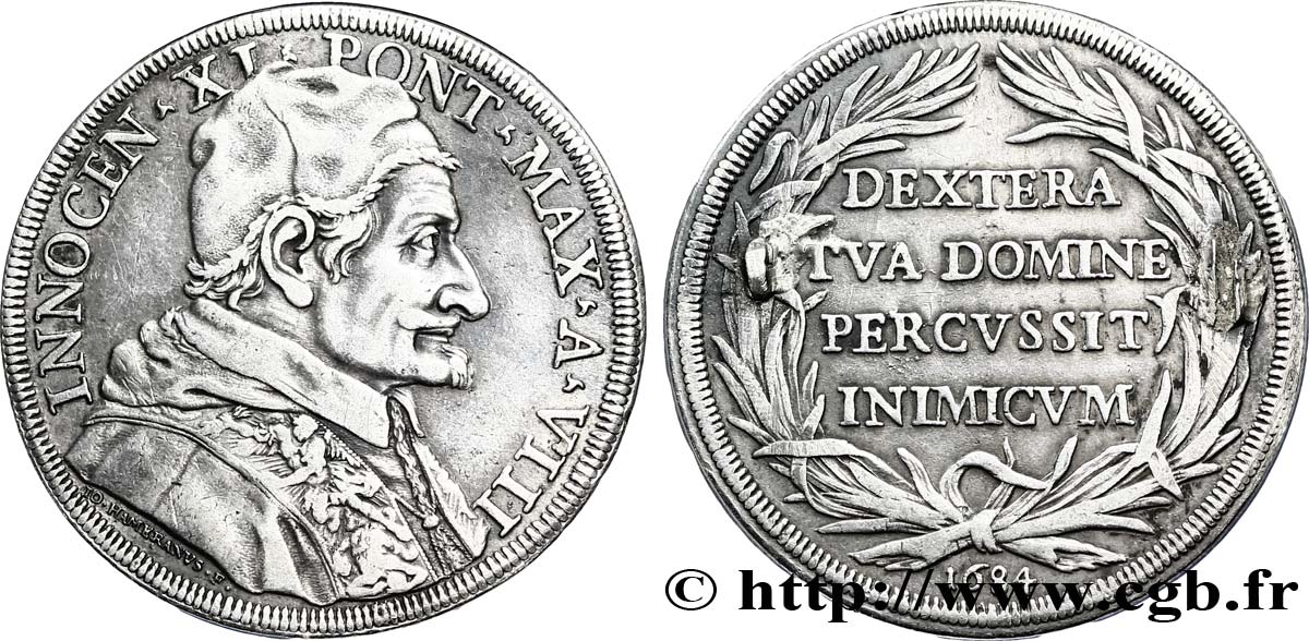 VATICAN AND PAPAL STATES 1 Piastre (Scudo de 80 Bolognini) Innocent XI an VIII 1684  XF 