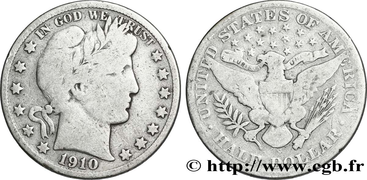 UNITED STATES OF AMERICA 1/2 Dollar Barber 1910 San Francisco VF 