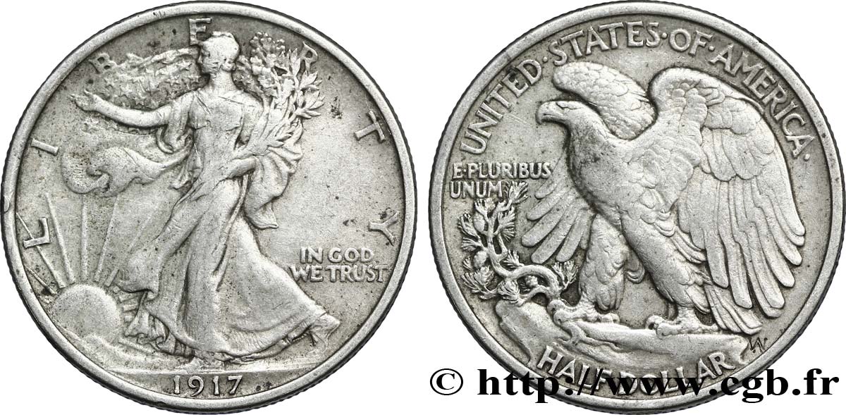 STATI UNITI D AMERICA 1/2 Dollar Walking Liberty 1917 Philadelphie BB 
