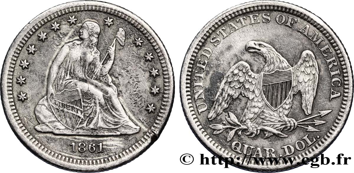 ESTADOS UNIDOS DE AMÉRICA 1/4 Dollar Liberté assisetype de 1856-1865 1861 Philadelphie MBC 