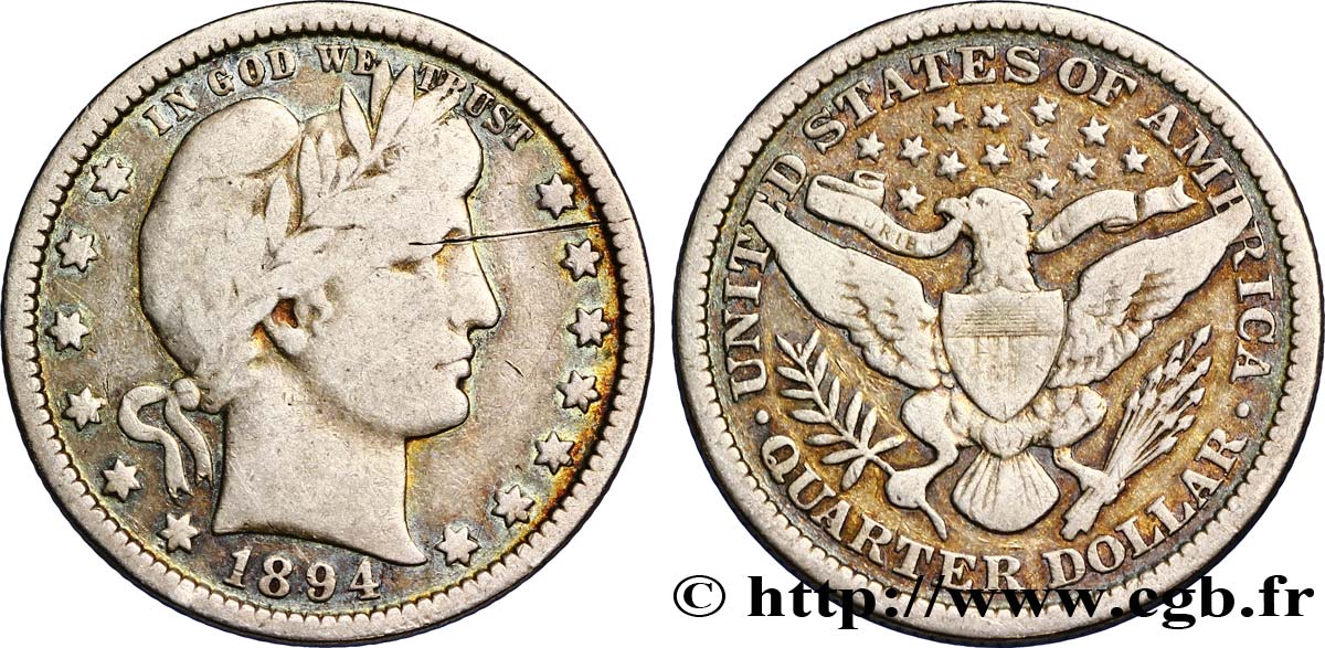 STATI UNITI D AMERICA 1/4 Dollar Barber 1894 Philadelphie q.BB 