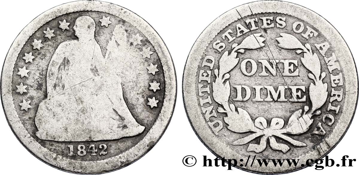 ÉTATS-UNIS D AMÉRIQUE 1 Dime (10 Cents) Liberté assise 1842 Philadelphie B+ 