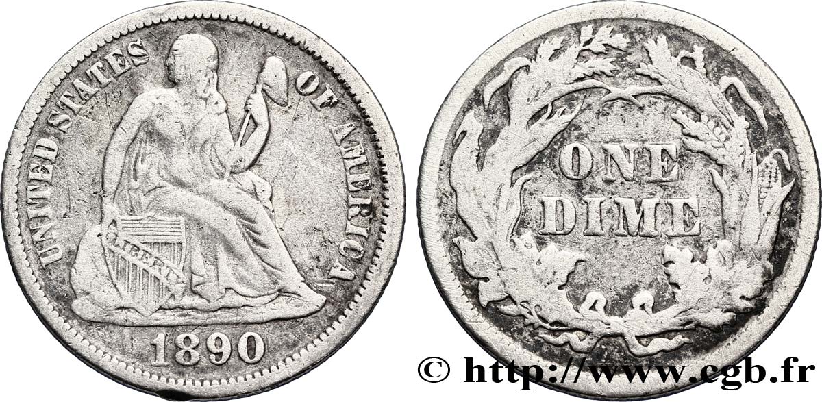UNITED STATES OF AMERICA 1 Dime Liberté assise 1890 Philadelphie VF 