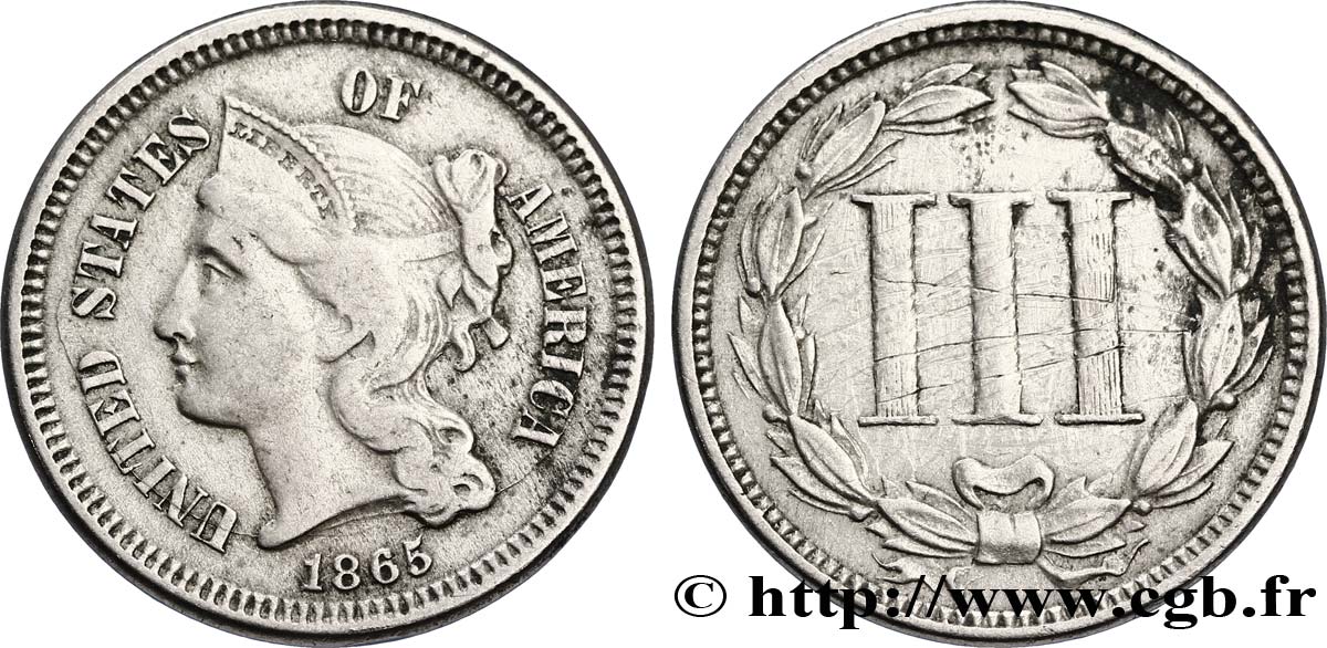 UNITED STATES OF AMERICA 3 Cents 1865 Philadelphie VF 